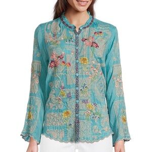 NWOT Johnny Was Allbee Cupra embroidered blue button up blouse. Small